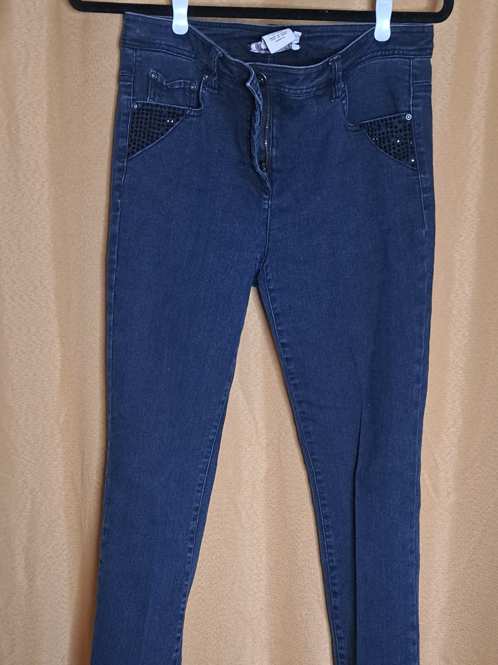 Women's Dark Blue Skinny Jeans with Studded Pocket Accents